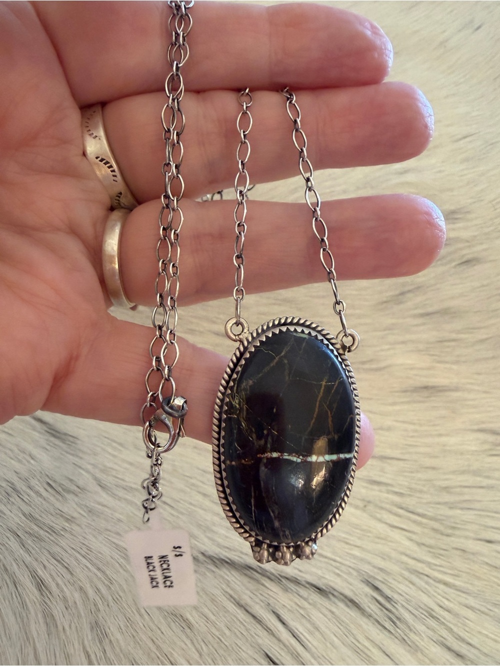 ❤️ Premium Black Jack Turquoise Lightning Brushed Sterling 925 ADJ Necklace 16g - Picture 7 of 15